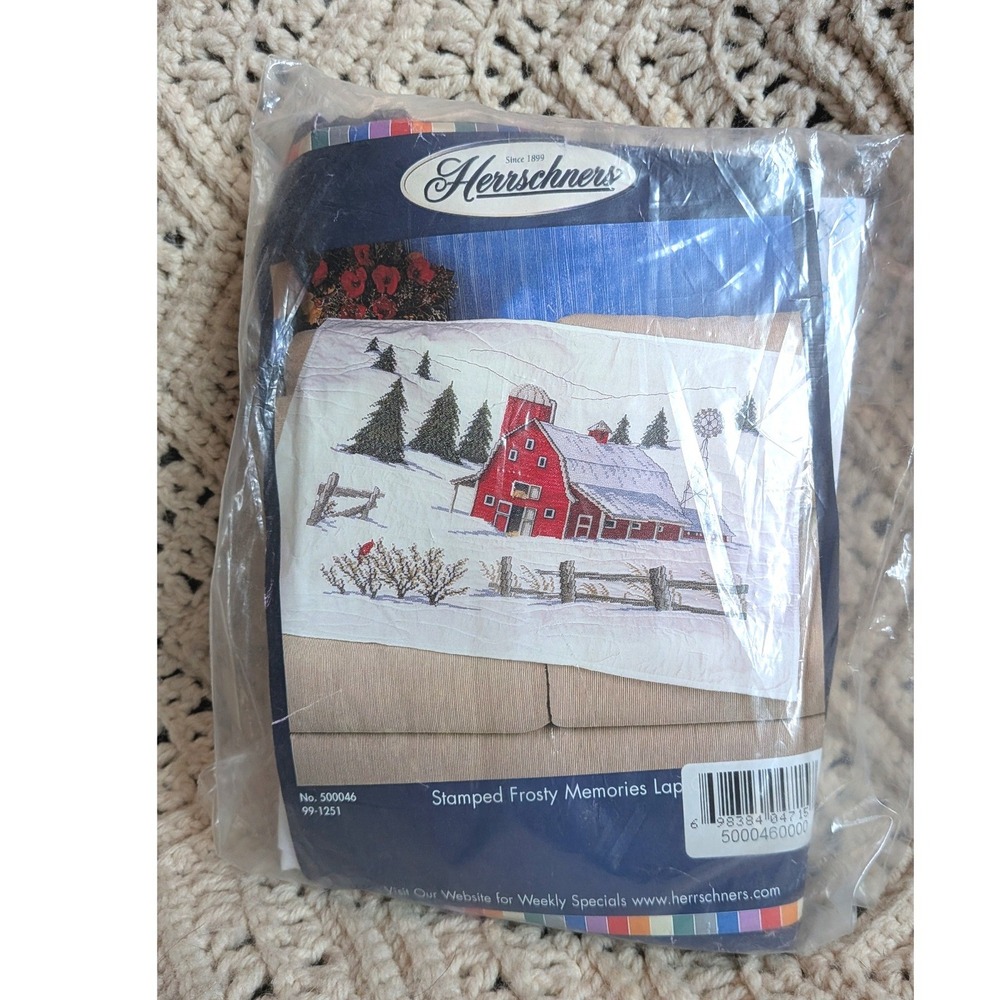 Herrschners Stamped Frosty Memories Lap Quilt Kit Red Barn Winter 500046 99-1251